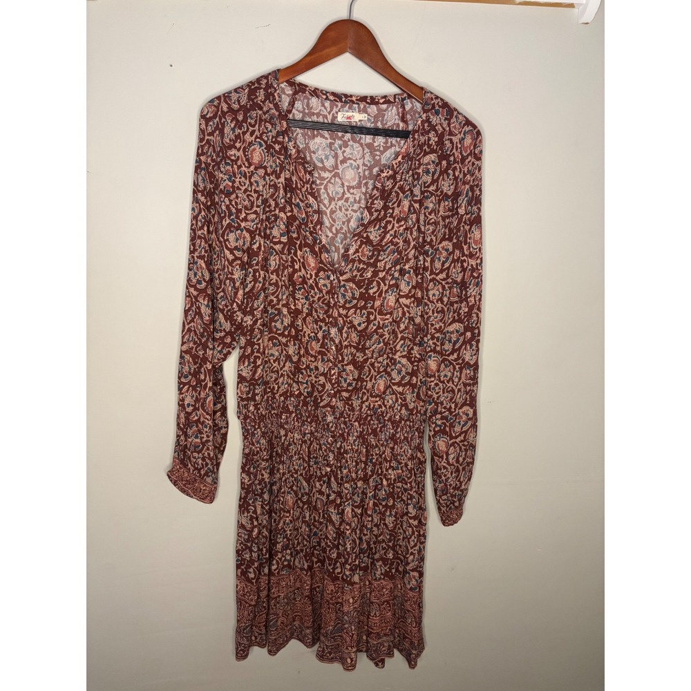 Faherty Isha Paisley Floral Mini Dress Smocked Boho Coastal Rust Womens L